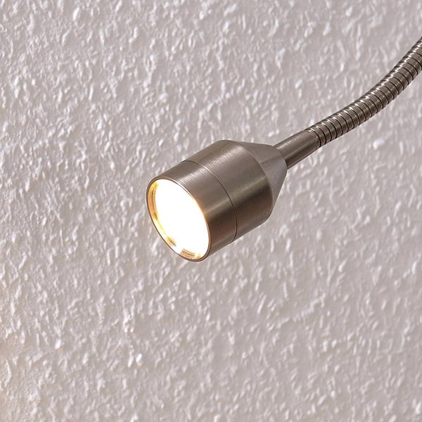 LED-Leselampe mit flexiblem Metallarm und leuchtendem zylindrischem Lampenkopf.