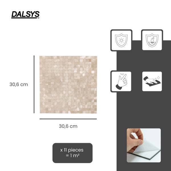 Dalsys Logo. Selbstklebende Mosaikfliese 30,6 mal 30,6 Zentimeter. 11 Stück für 1 Quadratmeter. UV- und wasserbeständig, einfache Montage.