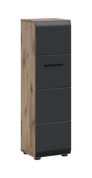 Moderner Badezimmer-Hochschrank mit Korpus in Holzoptik, vier anthrazitfarbenen Fronten und schwarzem Griff.