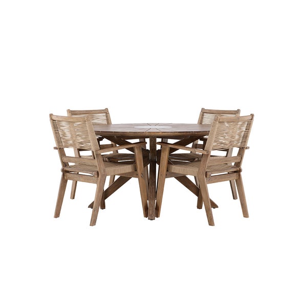 Gartentischgruppe mit rundem Holztisch und vier Stühlen mit Armlehnen