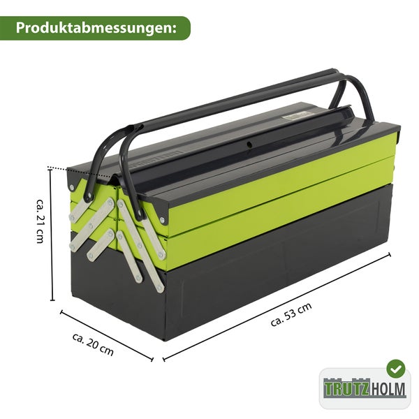 Werkzeugkasten mit Produktabmessungen