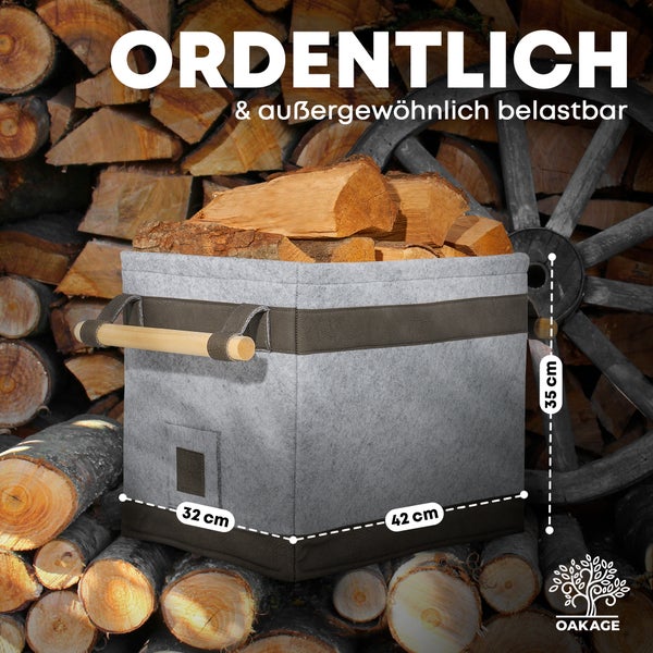 OAKAGE® FireMaster Hellgrau Holzkorb Filz - Einhängbarer Zündholzkorb - 42x32x35cm