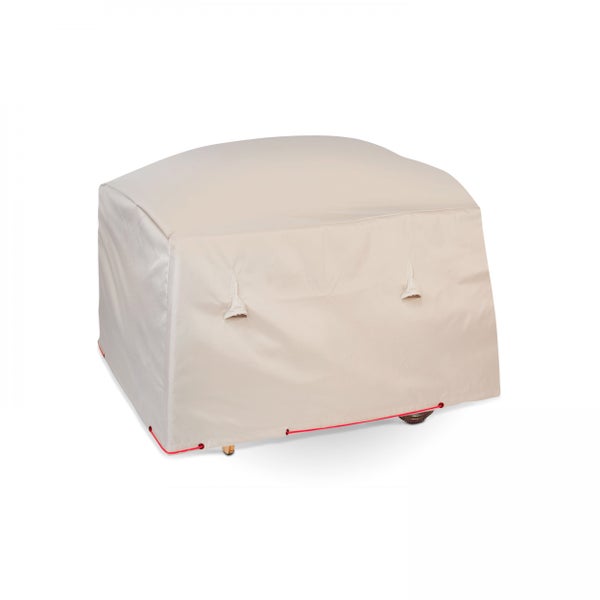 Beige Schutzhülle für Grillgeräte mit Belüftungsöffnungen und Kordelzug.