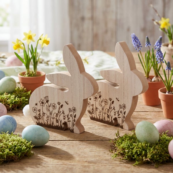 Zwei dekorative Osterhasen aus Holz mit Blumenmotiv auf einem Holztisch, umgeben von Moos, Ostereiern und Frühlingsblumen in Tontöpfen.