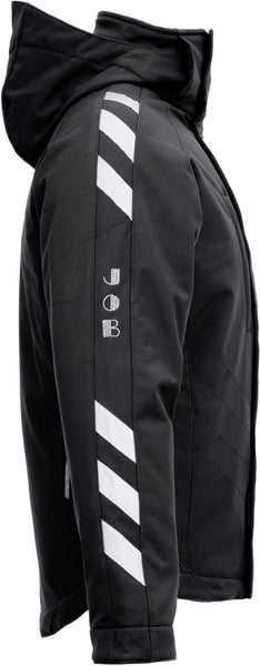 Schwarze Arbeitsjacke mit Kapuze, Reflexstreifen und JOB Logo am Ärmel.