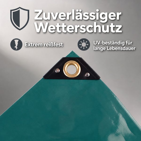 Abdeckplane mit verstärkter Ecke und Metallöse, wetterfest, reißfest und UV-beständig.