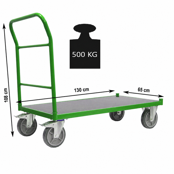 Plattformwagen in Grün mit 500 Kilogramm Tragkraft, Länge 130 Zentimeter, Breite 65 Zentimeter und Höhe 108 Zentimeter.