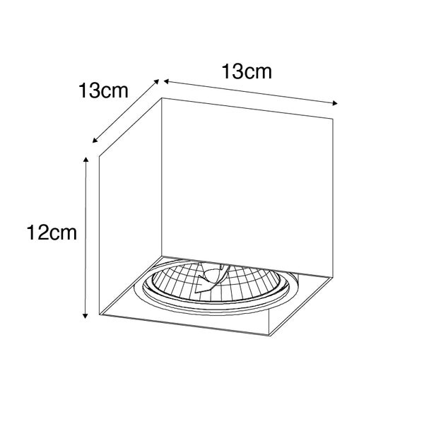 Technische Zeichnung einer Deckenleuchte mit den Maßen 13 mal 13 mal 12 Zentimeter.