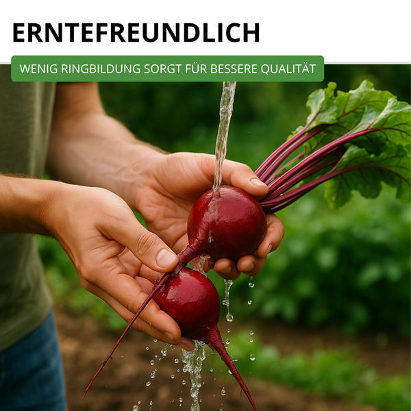 Frische Rote Bete mit Blättern wird unter fließendem Wasser gewaschen. Text: Erntefreundlich, wenig Ringbildung sorgt für bessere Qualität.