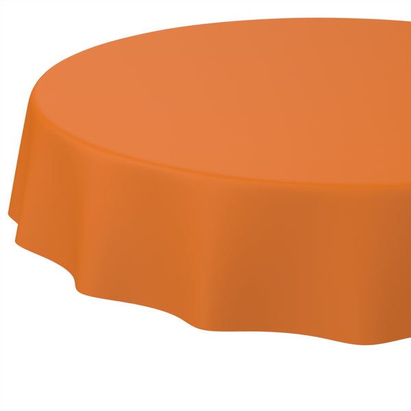 Runde orangefarbene Tischdecke aus Stoff.