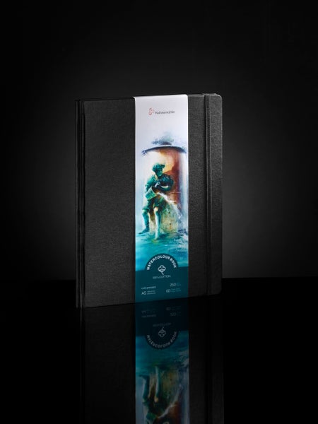 Hahnemühle Aquarellbuch, 100 Prozent Baumwolle, A5 Format, 250 Gramm pro Quadratmeter, 60 Seiten, kaltgepresst, mit Gummizug.