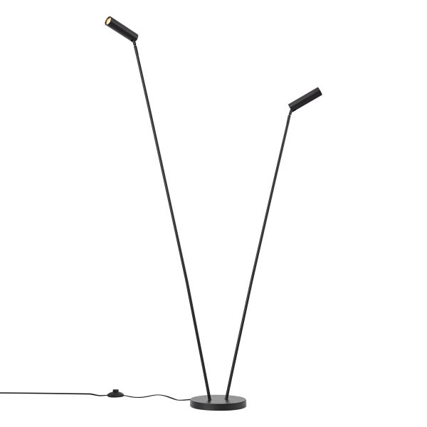 Moderne minimalistische Stehlampe aus schwarzem Metall mit zwei verstellbaren Armen und zylindrischen LED-Köpfen auf rundem Fuß.