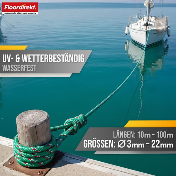 Wetterfeste, grüne Leine am Bootssteg befestigt