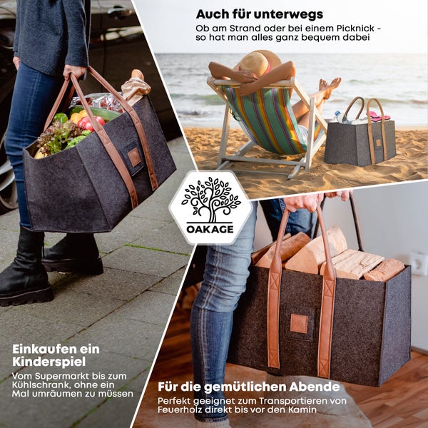 OAKAGE® SinglePack Dunkelgrau Holzkorb und Filzshopper - Dein Alltagsbegleiter - 50x32x30cm