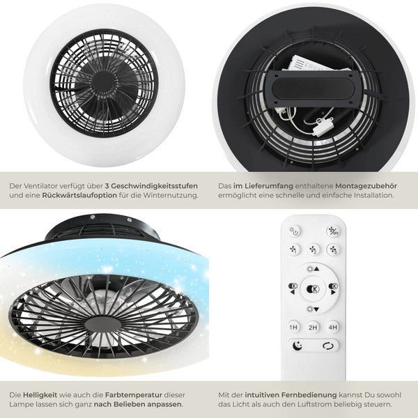 LED Deckenventilator mit Beleuchtung inklusive Fernbedienung, einstellbare Helligkeit und Farbtemperatur sowie drei Geschwindigkeitsstufen.