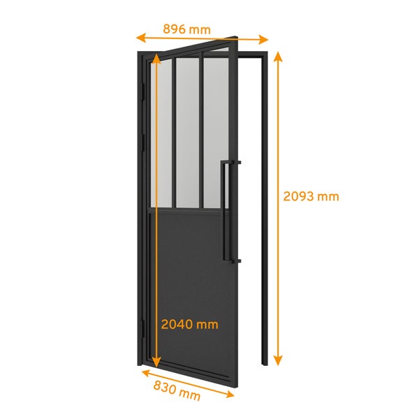Loft Glastür 830x2040mm Klarglas Komplettset mit Beschlag DIN Links 3 Felder Kickplatte - Griffstange und Zarge