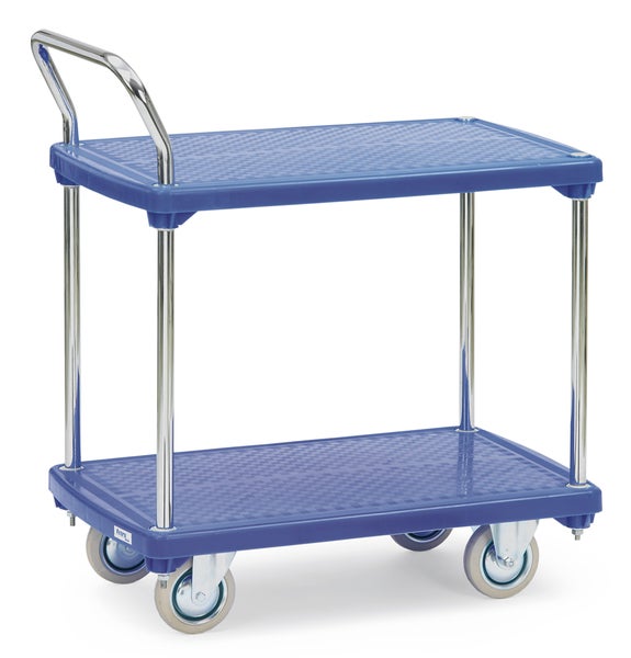 Blauer Etagenwagen mit zwei Ablageflächen und Rollen