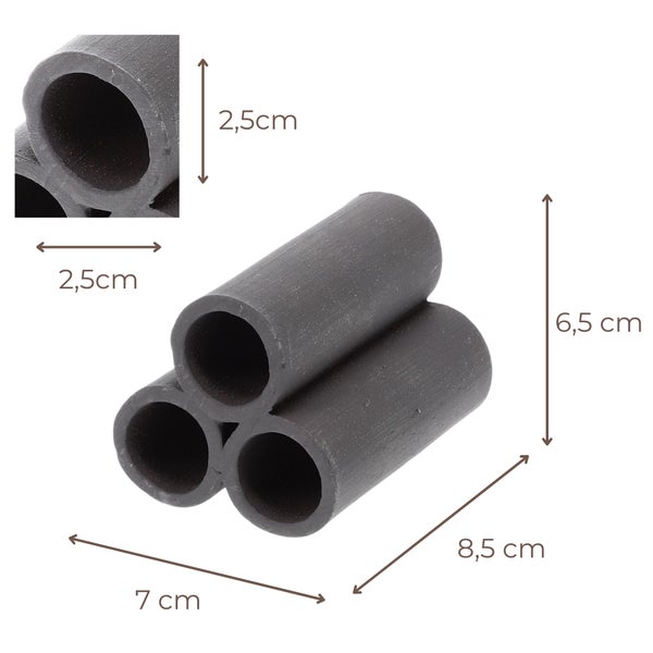 Aquarien-Versteck aus drei Röhren. Maße: Breite 7 Zentimeter, Tiefe 8,5 Zentimeter, Höhe 6,5 Zentimeter, Durchmesser 2,5 Zentimeter.