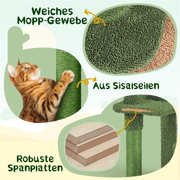 Katze an Kratzbaum mit Sisalseilen und weichem Mopp-Gewebe, robuste Spanplatten