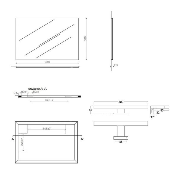 Technische Zeichnung eines Spiegels mit Beleuchtung und Maßangaben.