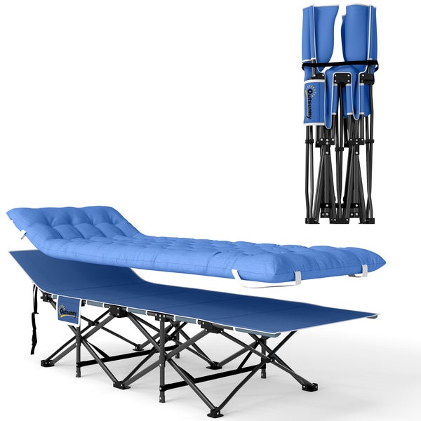 Outsunny Feldbett faltbar Campingbett mit Matratze Kopfkissen Seitentasche 190 x 65 x 37 cm Campingliege für Erwachsene Gästebett bis 150 kg Klappbett für Outdoor, Garten Camping Reisen Blau