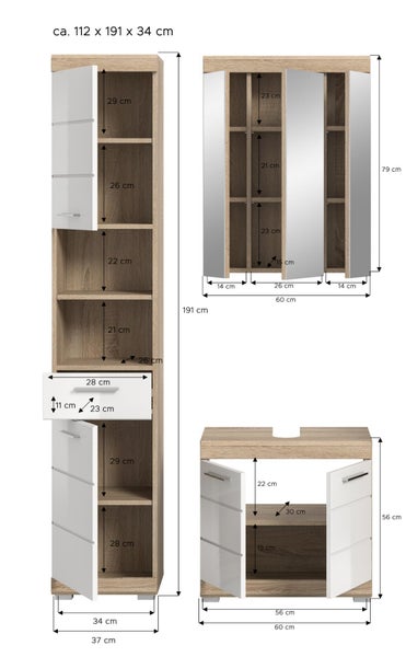 Maßzeichnung eines Badezimmermöbel-Sets circa 112 mal 191 mal 34 Zentimeter mit Hochschrank, Spiegelschrank und Waschbeckenunterschrank.