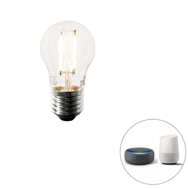 Smarte LED-Filament-Lampe E27 in Birnenform, kompatibel mit Sprachsteuerung durch Smart-Home-Assistenten.