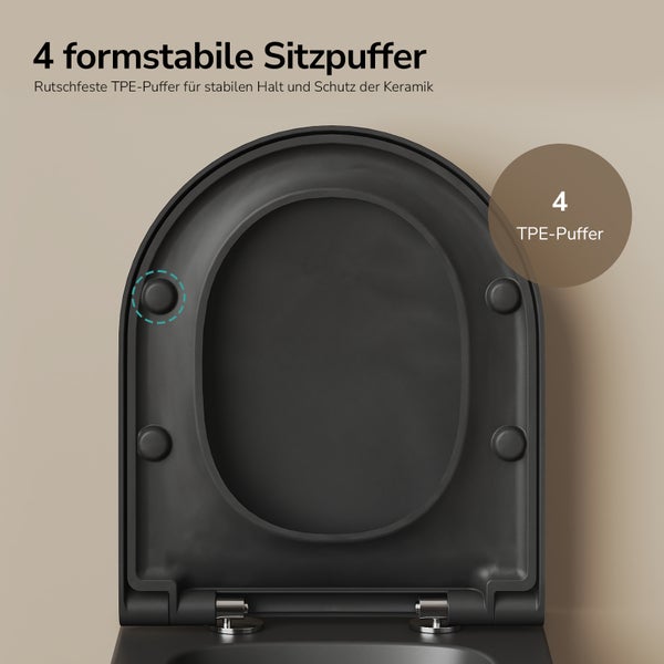 Unterseite eines schwarzen Toilettensitzes mit vier formstabilen und rutschfesten Sitzpuffern zum Schutz der Keramik.