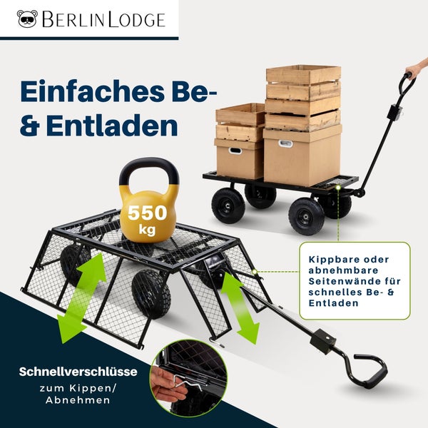 Berlin Lodge Logo. Bollerwagen mit einer Tragkraft von 550 Kilogramm, kippbaren oder abnehmbaren Seitenwänden und Schnellverschlüssen.