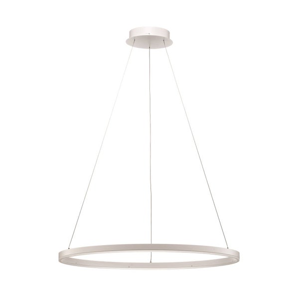Moderne weiße ringförmige LED-Pendelleuchte mit minimalistischem Design, aufgehängt an drei dünnen Seilen.