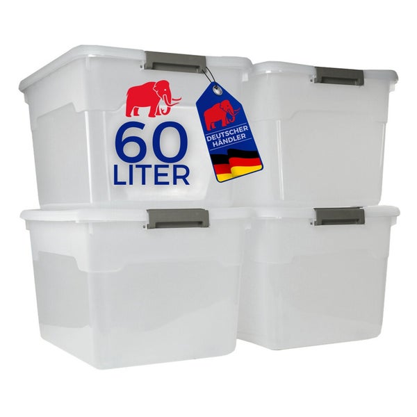 Set aus vier transparenten Kunststoff-Aufbewahrungsboxen mit Deckeln, grauen Clips, 60 Liter Fassungsvermögen, Mammut Logo, Siegel Deutscher Händler.