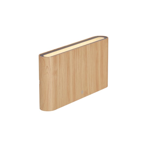 Moderne Tischleuchte in Holzoptik mit abgerundeten Kanten und integrierter LED-Beleuchtung.