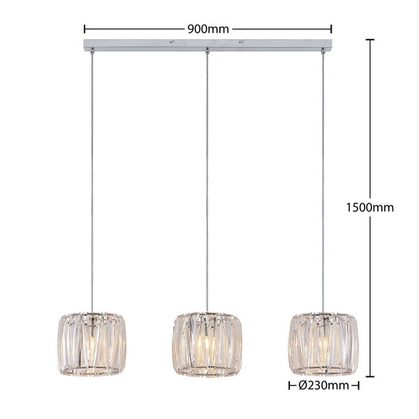 Dreiflammige Pendelleuchte mit Glasschirmen, Breite 900 Millimeter, Gesamthöhe 1500 Millimeter, Schirmdurchmesser 230 Millimeter.