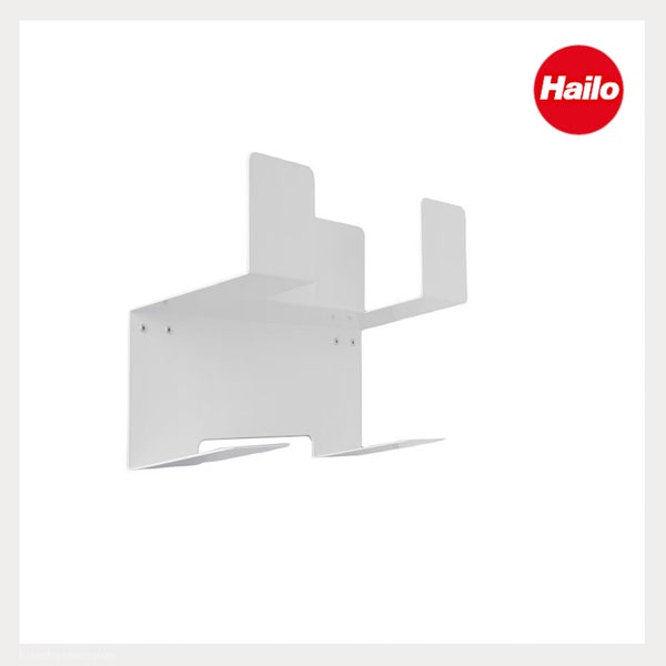 Weiße Universal-Wandhalterung aus Metall mit Hailo Logo.