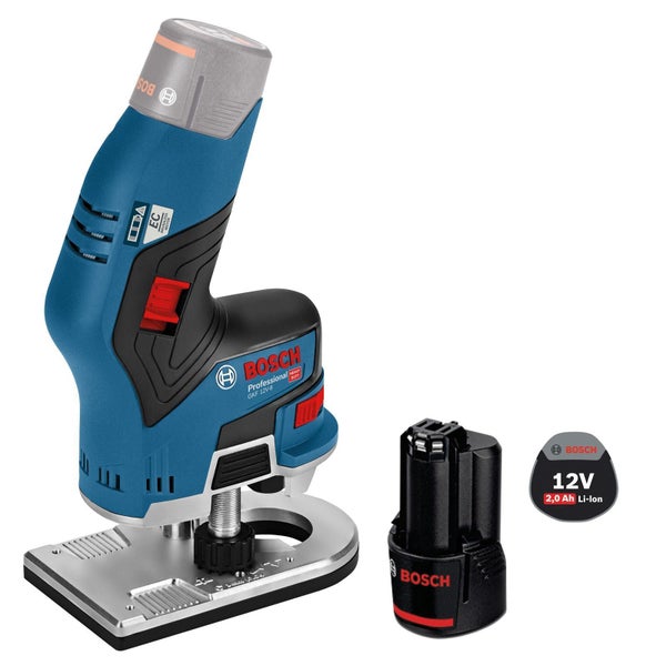 Bosch Professional Akku-Kantenfräse GKF 12V-8 mit bürstenlosem Motor, Metallfußplatte und einem 12 Volt 2,0 Amperestunden Lithium-Ionen-Akku.