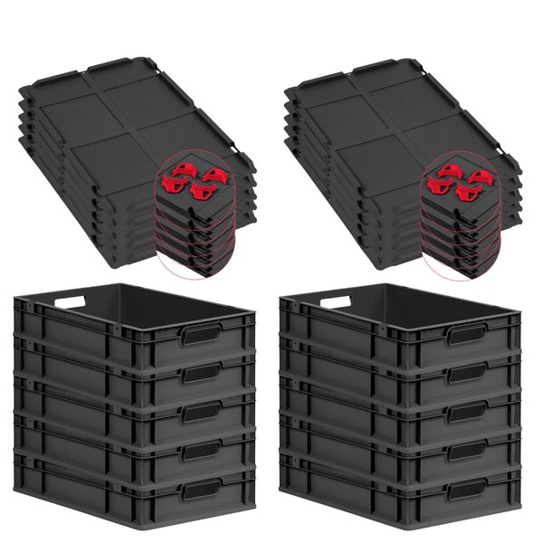 PROREGAL SparSet 10x Eurobox NextGen Grip mit Auflagedeckel inkl. 4 roten Schiebeschnappverschlüssen, HxBxT 12x40x60cm, 23 Liter, Schwarz, Griffe offen, Eurobehälter, Transportbox, Transportbehälter, Stapelbehälter
