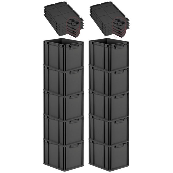 PROREGAL SuperSparSet 10x Eurobox NextGen Grip mit Scharnierdeckel und schwarzen Schiebeschnappverschlüssen, HxBxT 32x30x40cm, 30 Liter, Schwarz, Griffe geschlossen, Eurobehälter, Transportbox, Transportbehälter, Stapelbehälter