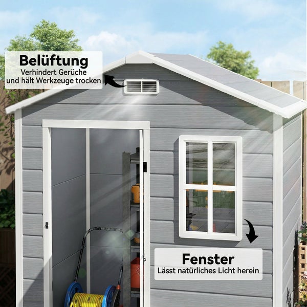 Gartenhaus aus Metall mit abschließbaren Türen, inklusive Schloss und Schlüssel, Maße der Tür 0,63 mal 1,57 Meter, mit Regal für Werkzeuge.