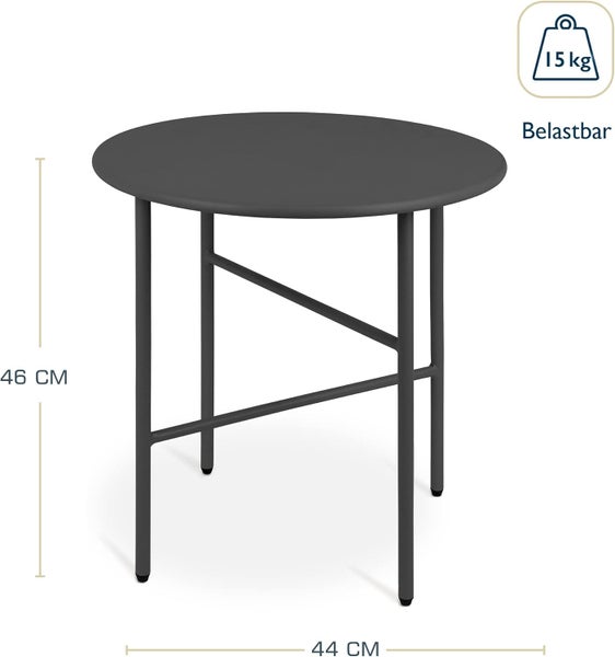 Grauer Gartentisch, runder Tisch mit 46 cm Höhe und 44 cm Durchmesser, belastbar bis 15 kg