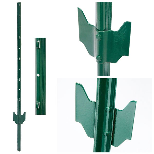 Grüner Zaunpfosten aus Metall mit Befestigungshaken und Bodenplatte in verschiedenen Ansichten.