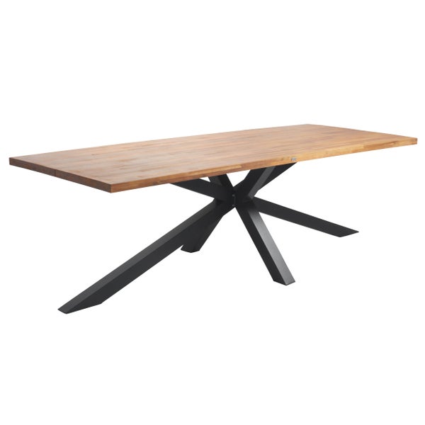 Esstisch mit rechteckiger Tischplatte aus Holz und schwarzem Metallgestell in Sternform.