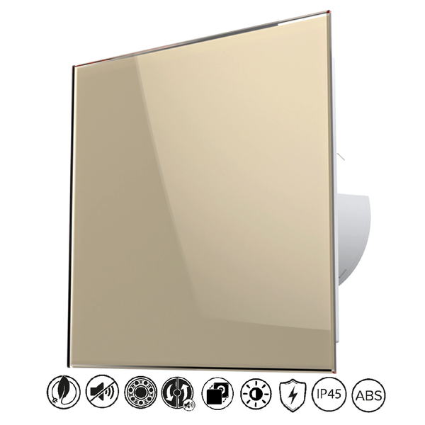 Badlüfter mit quadratischer Front aus champagnerfarbenem Glas und ABS-Gehäuse, Schutzart IP45, geräuscharmer Betrieb.