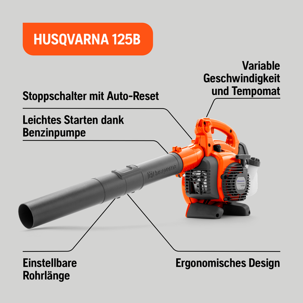 Husqvarna 125B Laubbläser mit variabler Geschwindigkeit, Stoppschalter mit Auto-Reset, Benzinpumpe und einstellbarer Rohrlänge