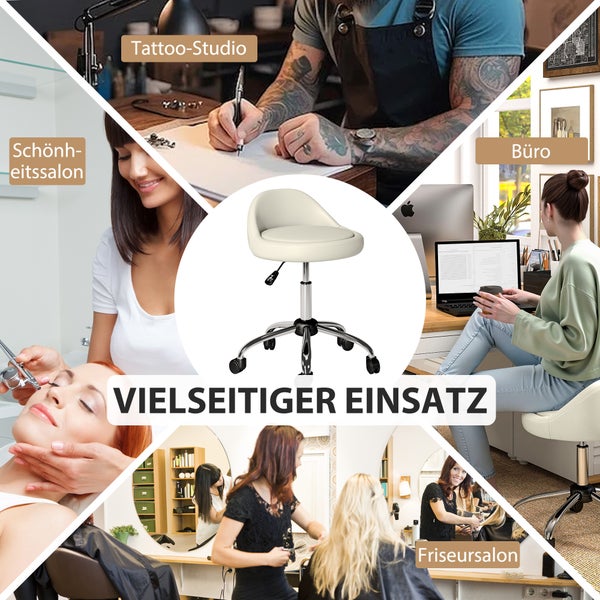 Anwendungsbereiche eines Drehstuhls dargestellt in Tattoo-Studio, Schönheitssalon, Büro und Friseursalon.