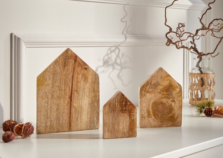 FRANK FLECHTWAREN | Holzdeko Haus, 3er Set, HOLZ, 7,5x2,5x10cm, 11x2,5x15cm, 15x2,5x20cm