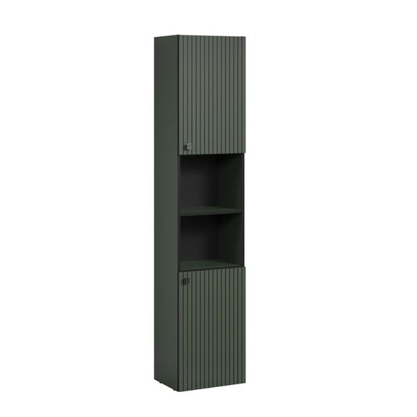 Hoher Badezimmerschrank mit zwei geriffelten Türen und zwei offenen Fächern für zusätzlichen Stauraum.