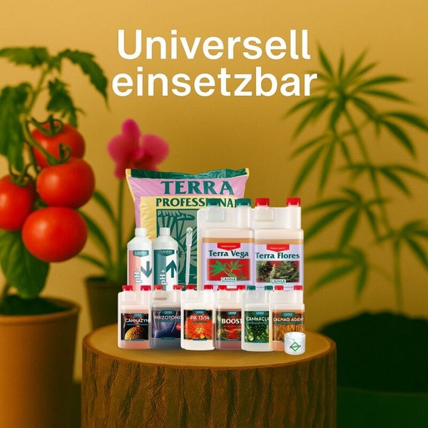 Sortiment an CANNA Pflanzennährstoffen und Terra Professional Erde für die universelle Anwendung bei verschiedenen Pflanzen wie Tomaten und Orchideen.