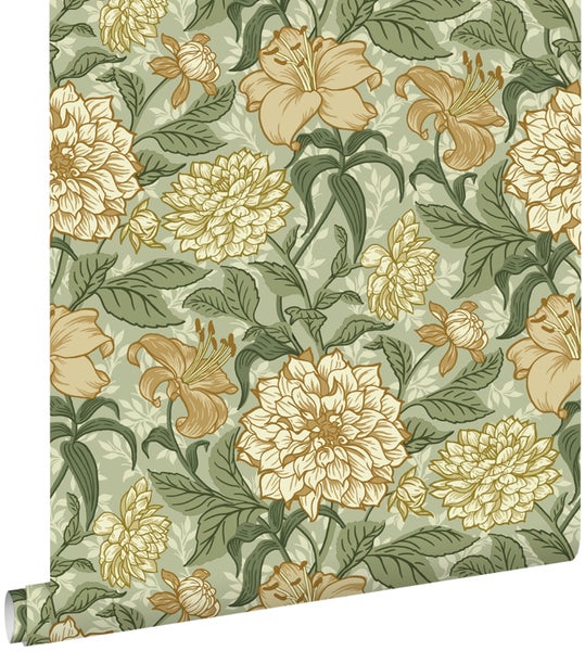 ESTAhome Tapete Blumenmuster Grün und Ockergelb - 53 cm x 10.05 m - 139379