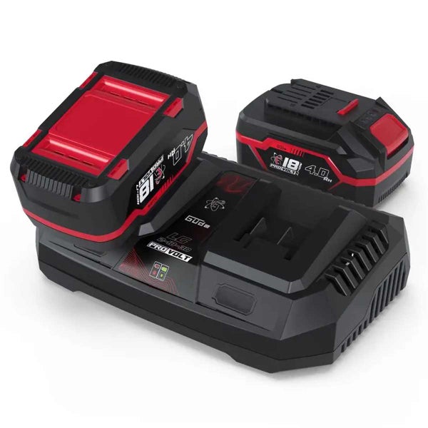 Güde Doppel-Ladegerät LG 2-18-30 mit zwei schwarz-roten 18 Volt 4,0 Amperestunden Lithium-Ionen-Akkus aus der Pro Volt Serie.