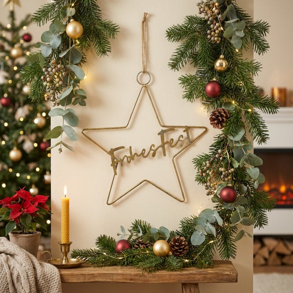 Weihnachtliche Wanddekoration Stern mit Frohes Fest Schriftzug, umrahmt von Tannengrün, Eukalyptus und Weihnachtskugeln in gemütlichem Ambiente.